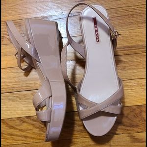 Prada Nude Patent Leather Platform Wedges